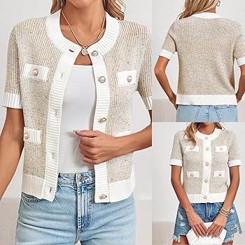 Women's Short Sleeve Knit Tops Contrast Color Pearl Button
